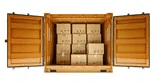 A wooden crate filled with boxes of different sizes.