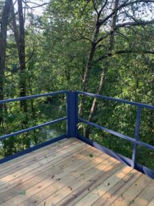 A deck with blue railing and trees in the background.